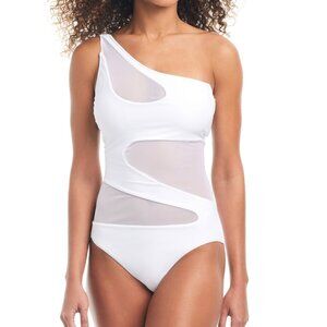 Bar III One-Shoulder Mesh Cutout Swimsuit - White | Size M